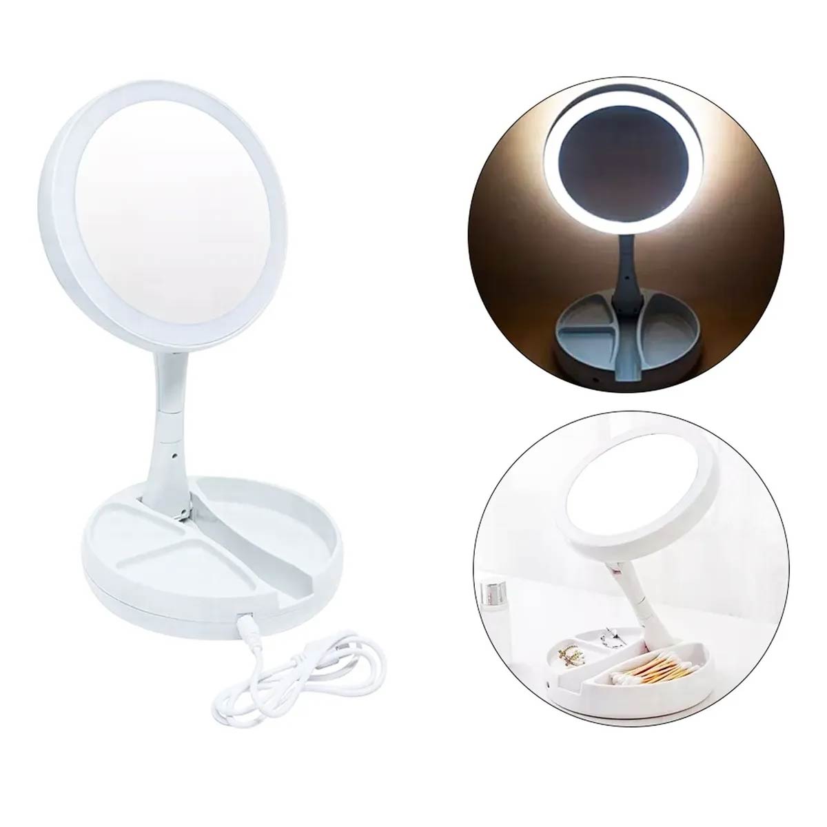 Espejo Plegable Para Maquillaje Doble Cara Con Luz Led - Blanco