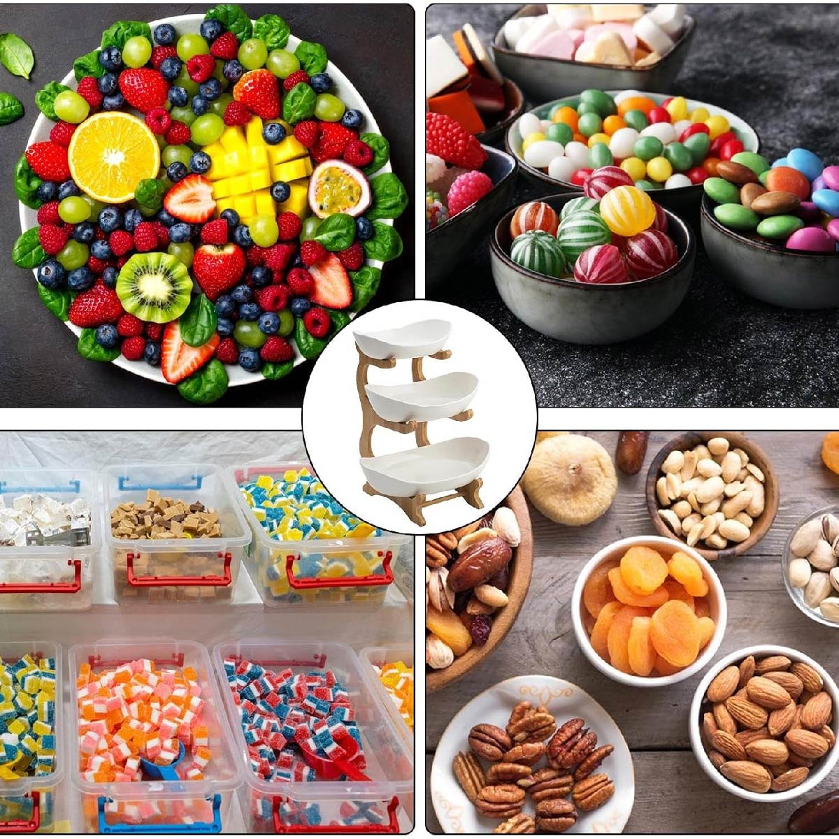 Copetinero Ceramica Y Bambú Soporte Blanco 3 Niveles Fruta