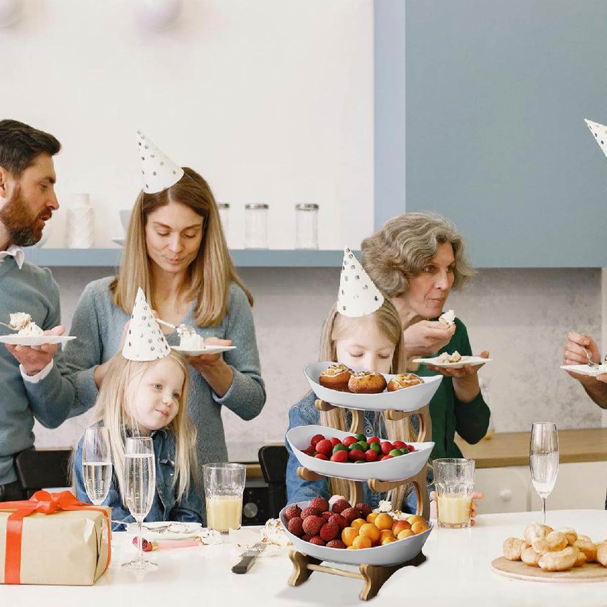 Copetinero Ceramica Y Bambú Soporte Blanco 3 Niveles Fruta