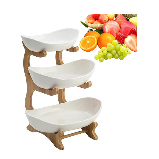 Copetinero Ceramica Y Bambú Soporte Blanco 3 Niveles Fruta