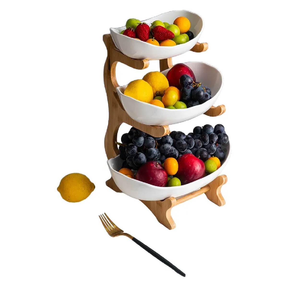 Copetinero Ceramica Y Bambú Soporte Blanco 3 Niveles Fruta