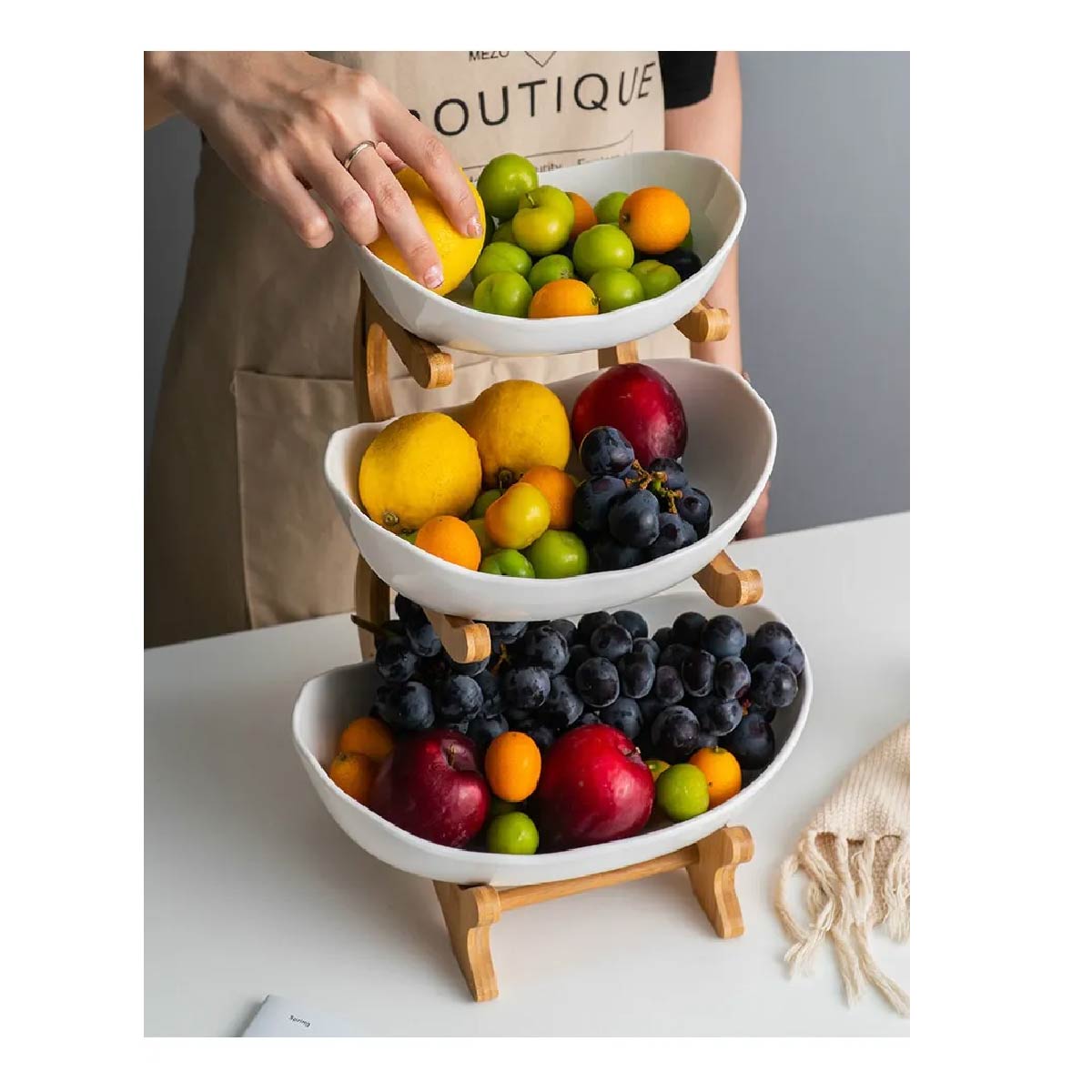 Copetinero Ceramica Y Bambú Soporte Blanco 3 Niveles Fruta