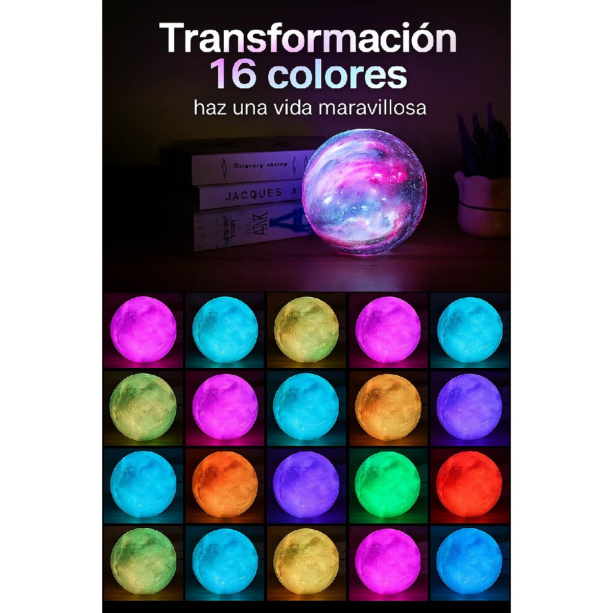 Veladora Luna Galaxia 16 Colores Led 3d Recargable 12 Cm