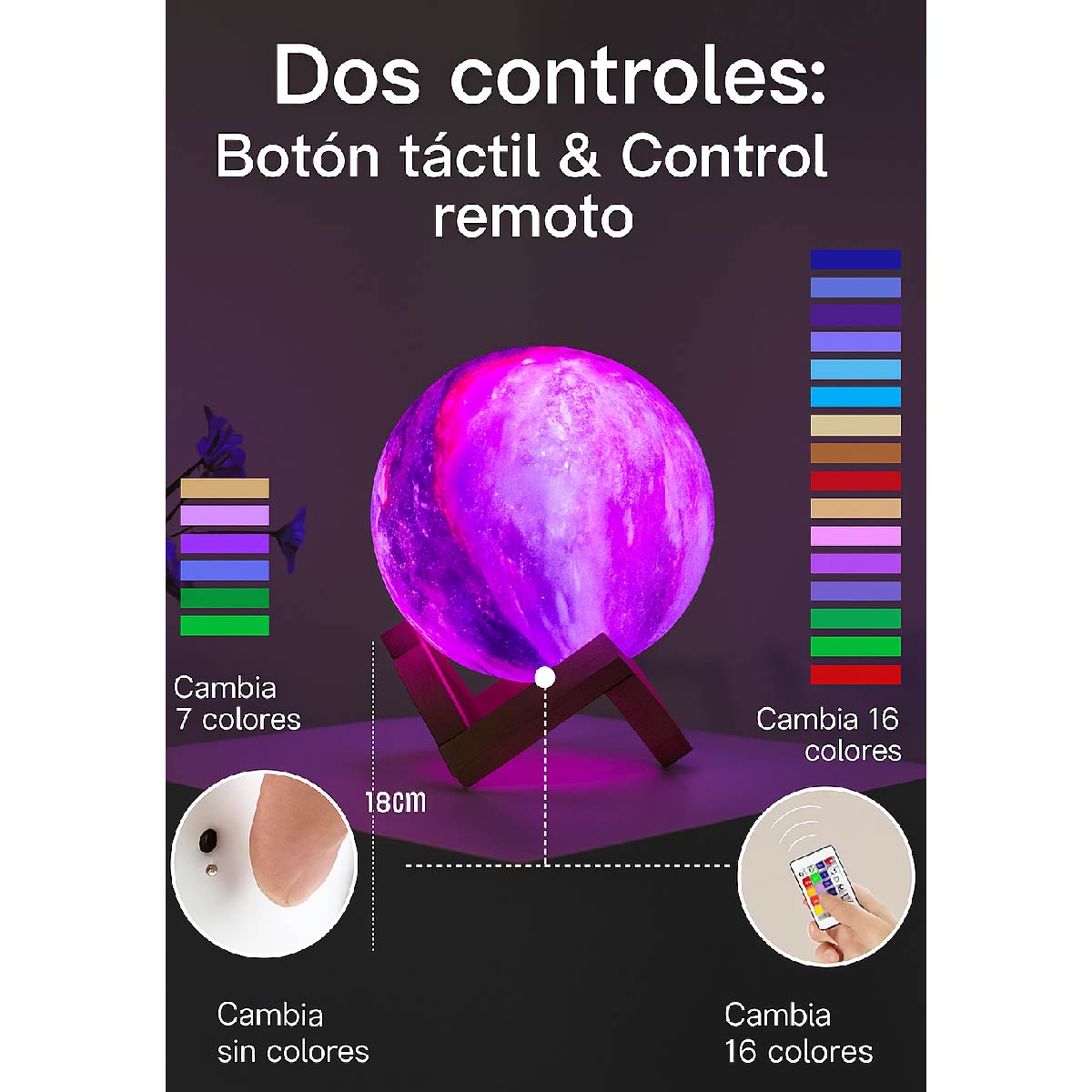 Lámpara De Luna Galaxia 16 Colores Led 3d Recargable 18 Cm