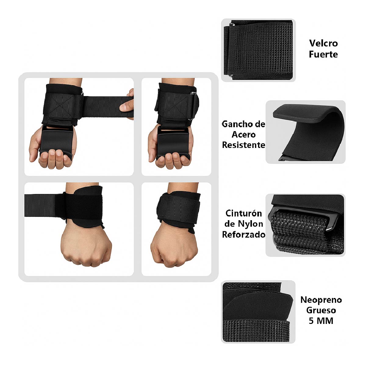 Muñequeras Gancho Levantamiento Pesas Gym Gimnasio - Negro
