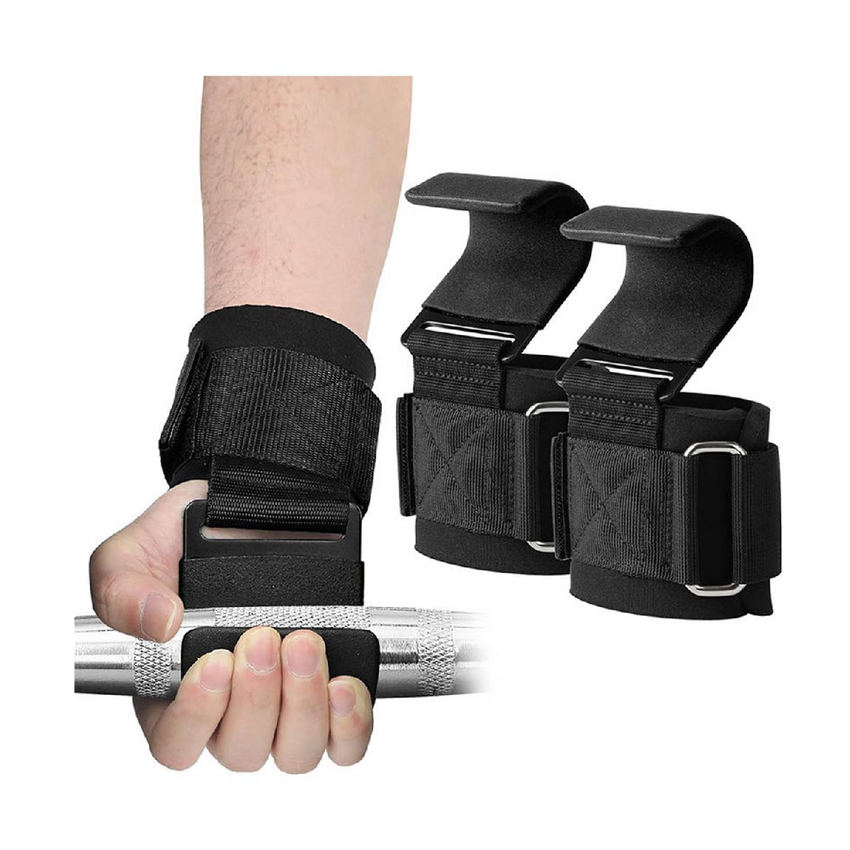 Muñequeras Gancho Levantamiento Pesas Gym Gimnasio - Negro