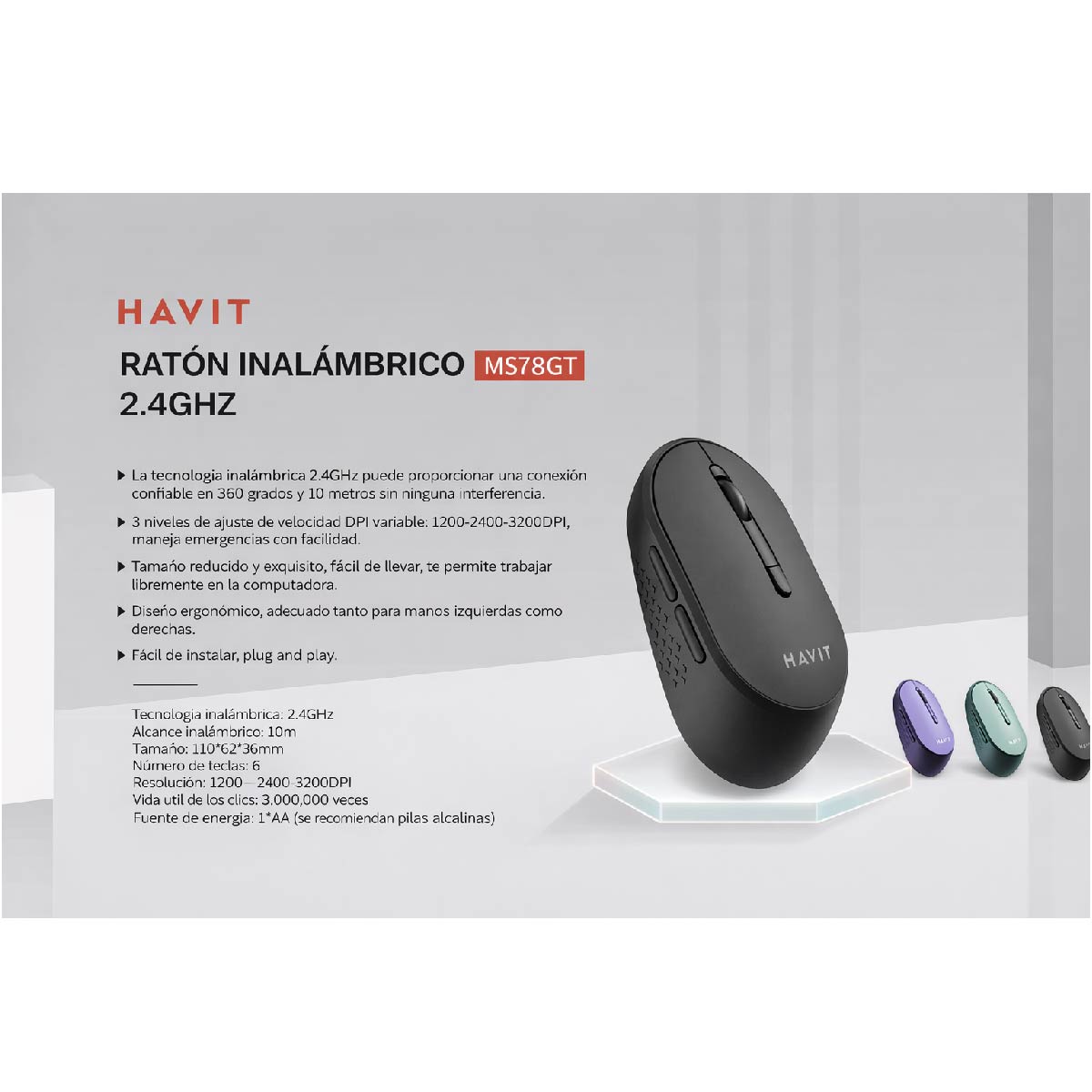 Mouse Inalámbrico Havit Ms78gt , 1200 , 2400 Y 3200dpi verde