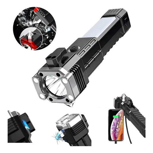 Linterna 5 En 1 Led Martillo Emergencia Auto Power Bank - Blanco - Plateado