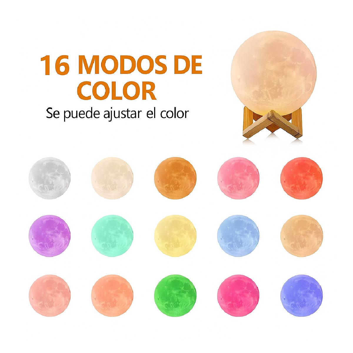 Veladora Lampara Led Luna 3d Recargable 16 Colors Táctil 18cm