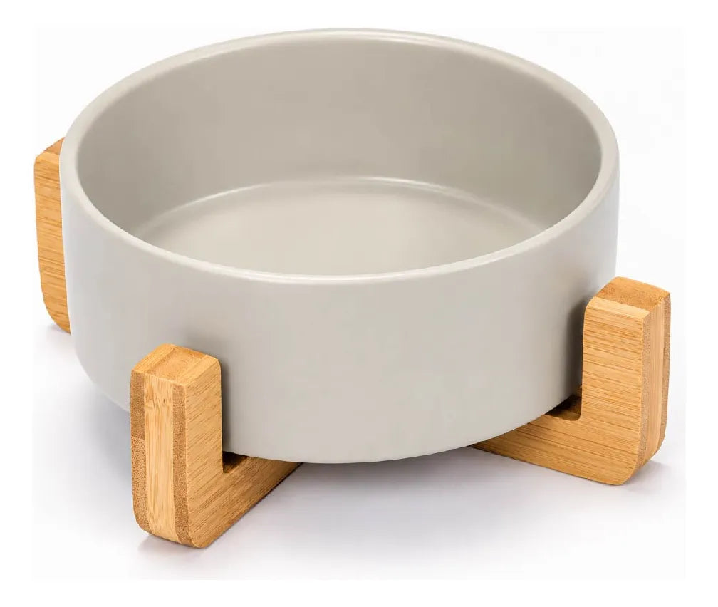 Comedero plato Bebedero Mascota Elevado Ceramica Base Madera