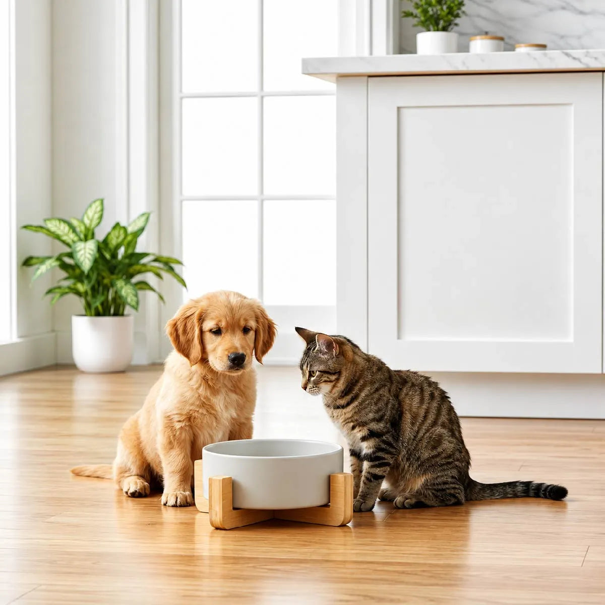 Comedero plato Bebedero Mascota Elevado Ceramica Base Madera