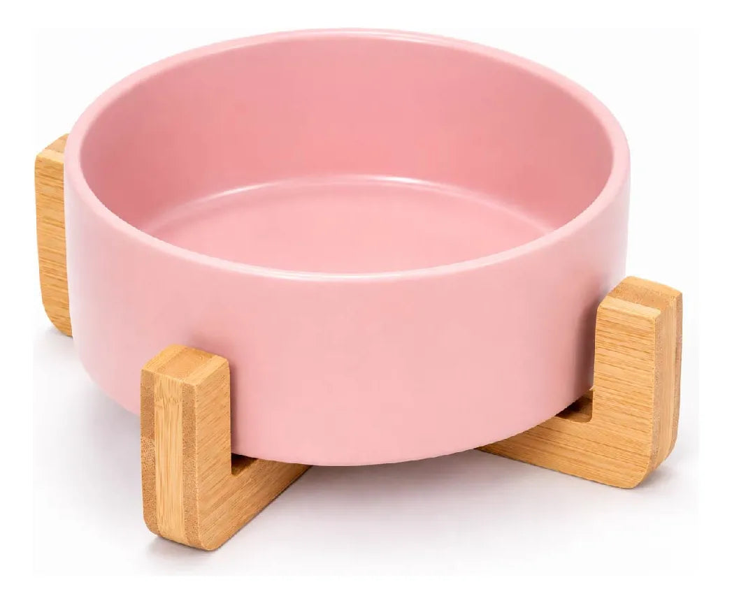 Comedero plato Bebedero Mascota Elevado Ceramica Base Madera