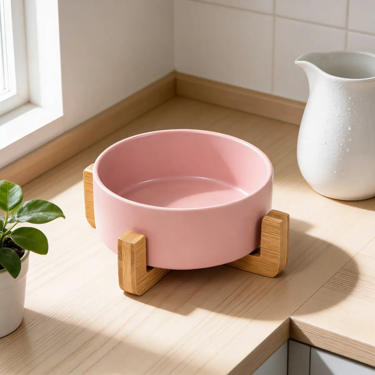 Comedero plato Bebedero Mascota Elevado Ceramica Base Madera