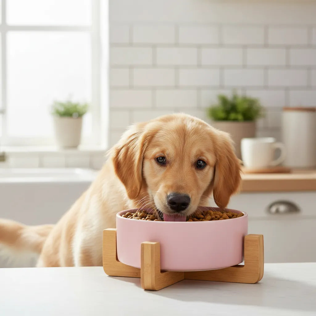 Comedero plato Bebedero Mascota Elevado Ceramica Base Madera