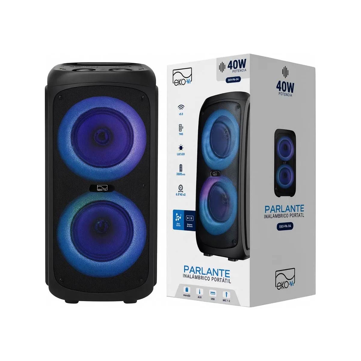 Parlante Bluetooth Ekv-pa-04 40w 2 X 26.5'' 3600 Mah