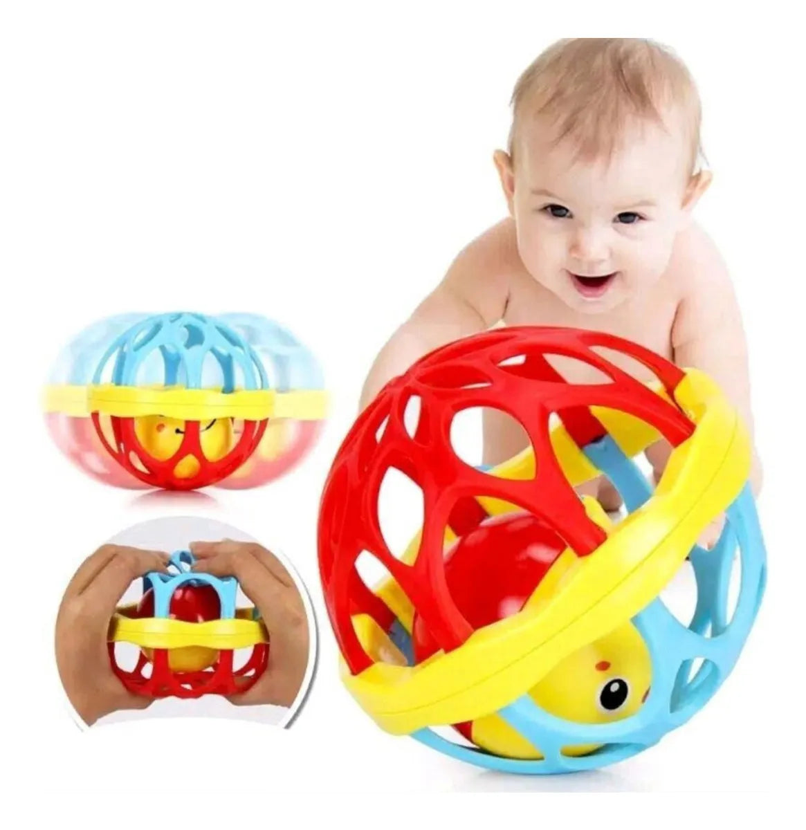 Pelota Sonajero Silicona Colorida Bola Giratorio Para Bebe Color Rojo Verde Azul Diseño Emoji