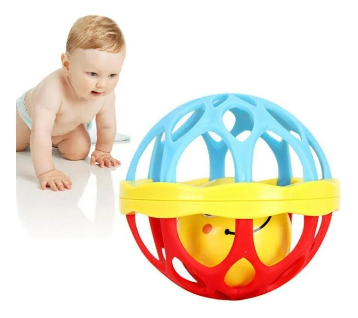 Pelota Sonajero Silicona Colorida Bola Giratorio Para Bebe Color Rojo Verde Azul Diseño Emoji