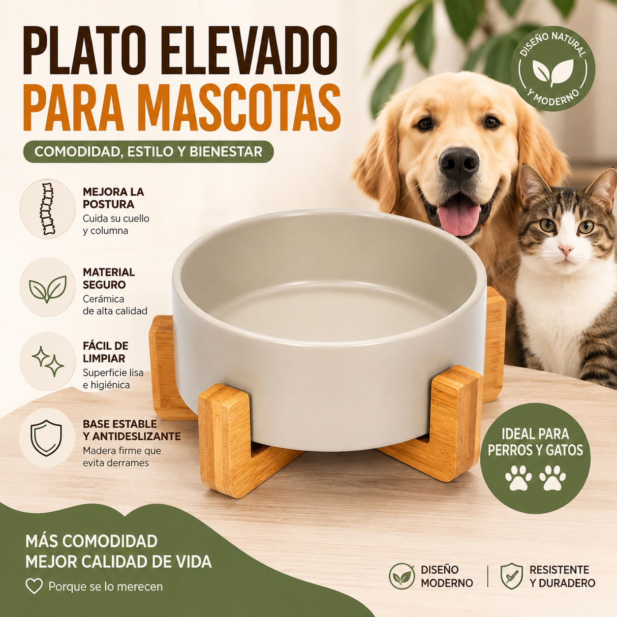 Comedero plato Bebedero Mascota Elevado Ceramica Base Madera
