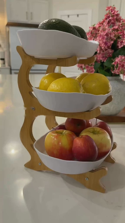 Copetinero Plástico Y Bambú Soporte Blanco 3 Niveles Fruta