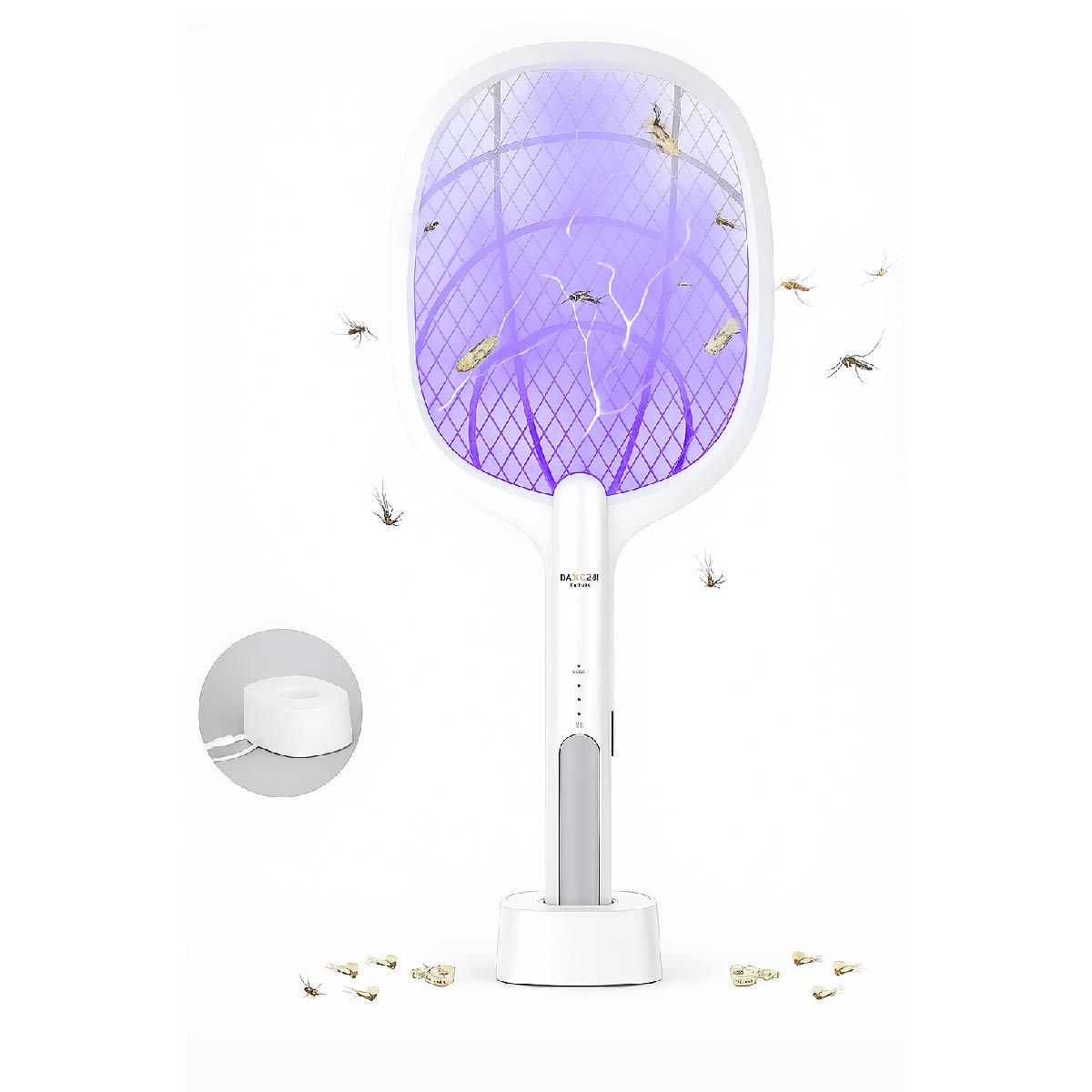 Raqueta Eléctrica Anti Mosquitos 2 En 1 Con Luz Led Y Base