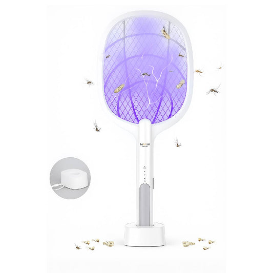 Raqueta Eléctrica Anti Mosquitos 2 En 1 Con Luz Led Y Base