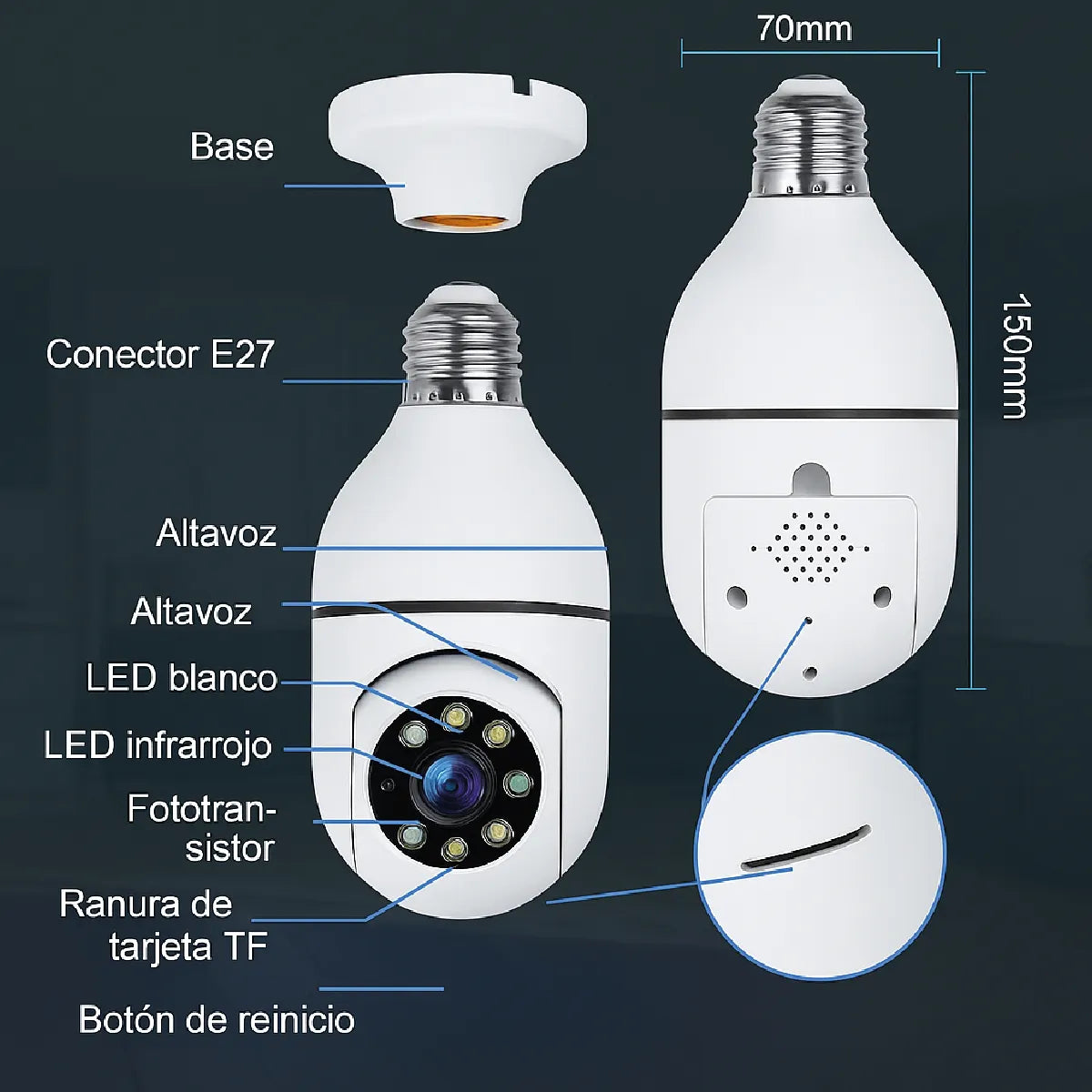 Cámara Lámpara Seguridad Wifi 1080p Visión Nocturna Giro 360