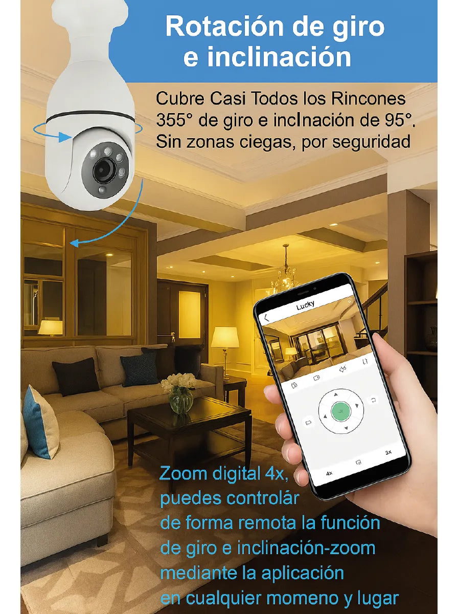 Cámara Lámpara Seguridad Wifi 1080p Visión Nocturna Giro 360