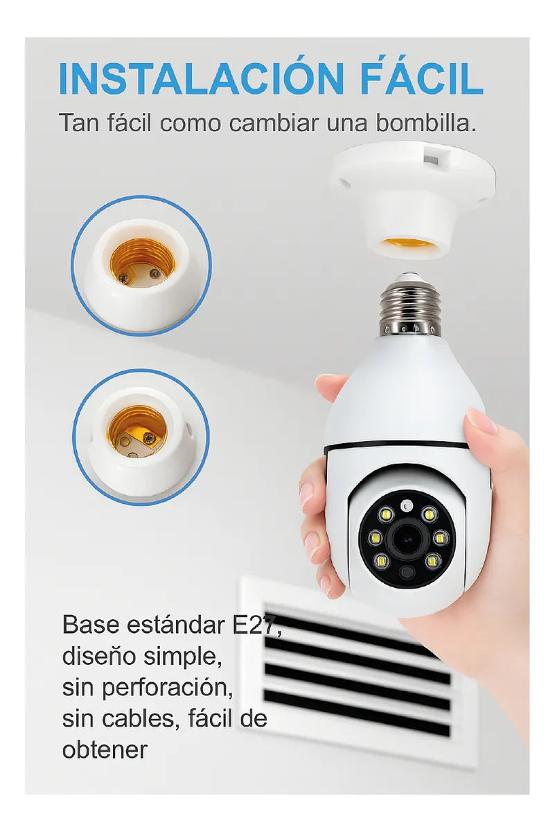 Cámara Lámpara Seguridad Wifi 1080p Visión Nocturna Giro 360