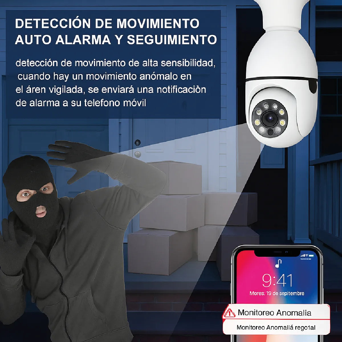 Cámara Lámpara Seguridad Wifi 1080p Visión Nocturna Giro 360