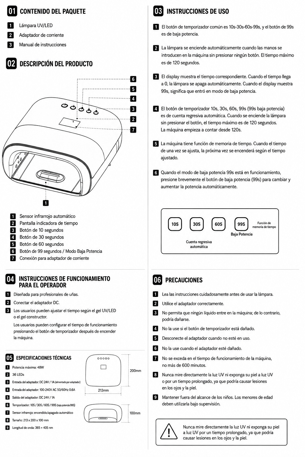 lampara Cabina Secador de Uñas SUN 3 UV LED 48W Profesional