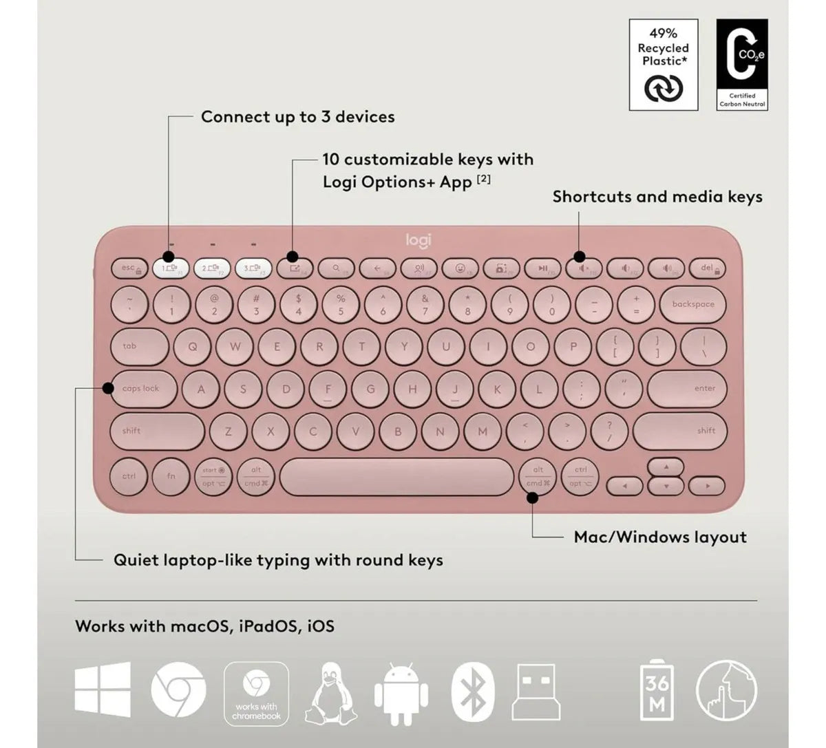 Teclado Logitech K380s Rosa Qwerty Español Inalámbrico