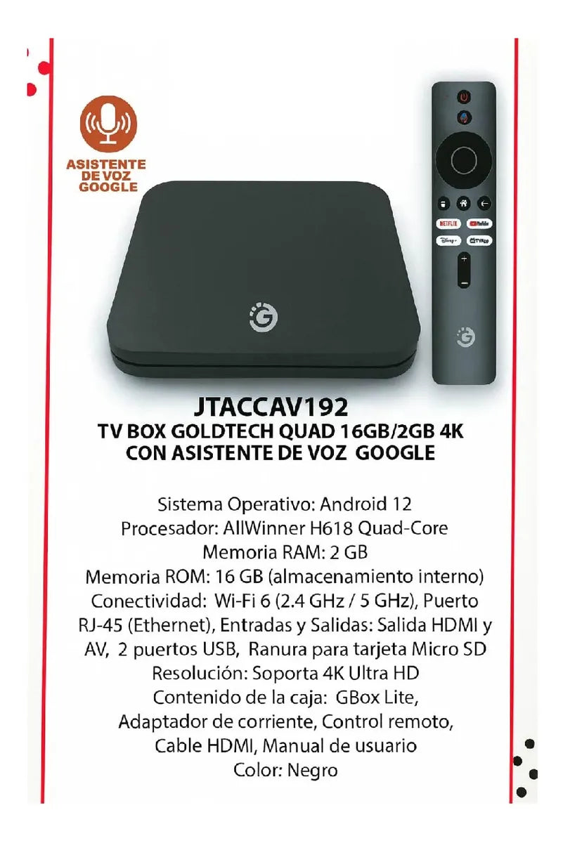 TV Box Goldtech JTACCAV192 – 4K Ultra HD + Asistente de Voz Google