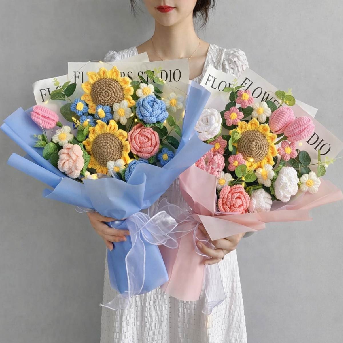 Ramo De Flores Grande Flores A Mano Rosas Y Girasoles Lana