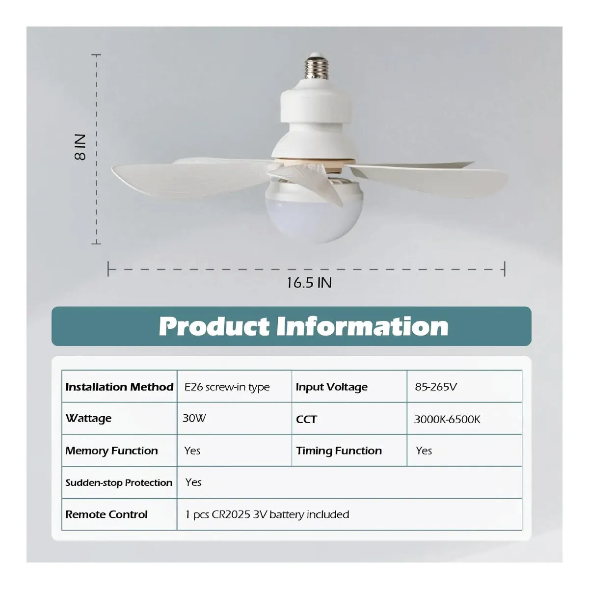 Ventilador de Techo con Luz y Control Remoto – Plug & Play (Base E27)