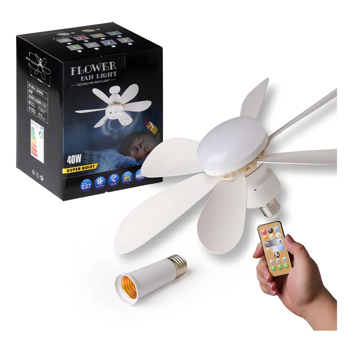 Ventilador de Techo con Luz y Control Remoto – Plug & Play (Base E27)